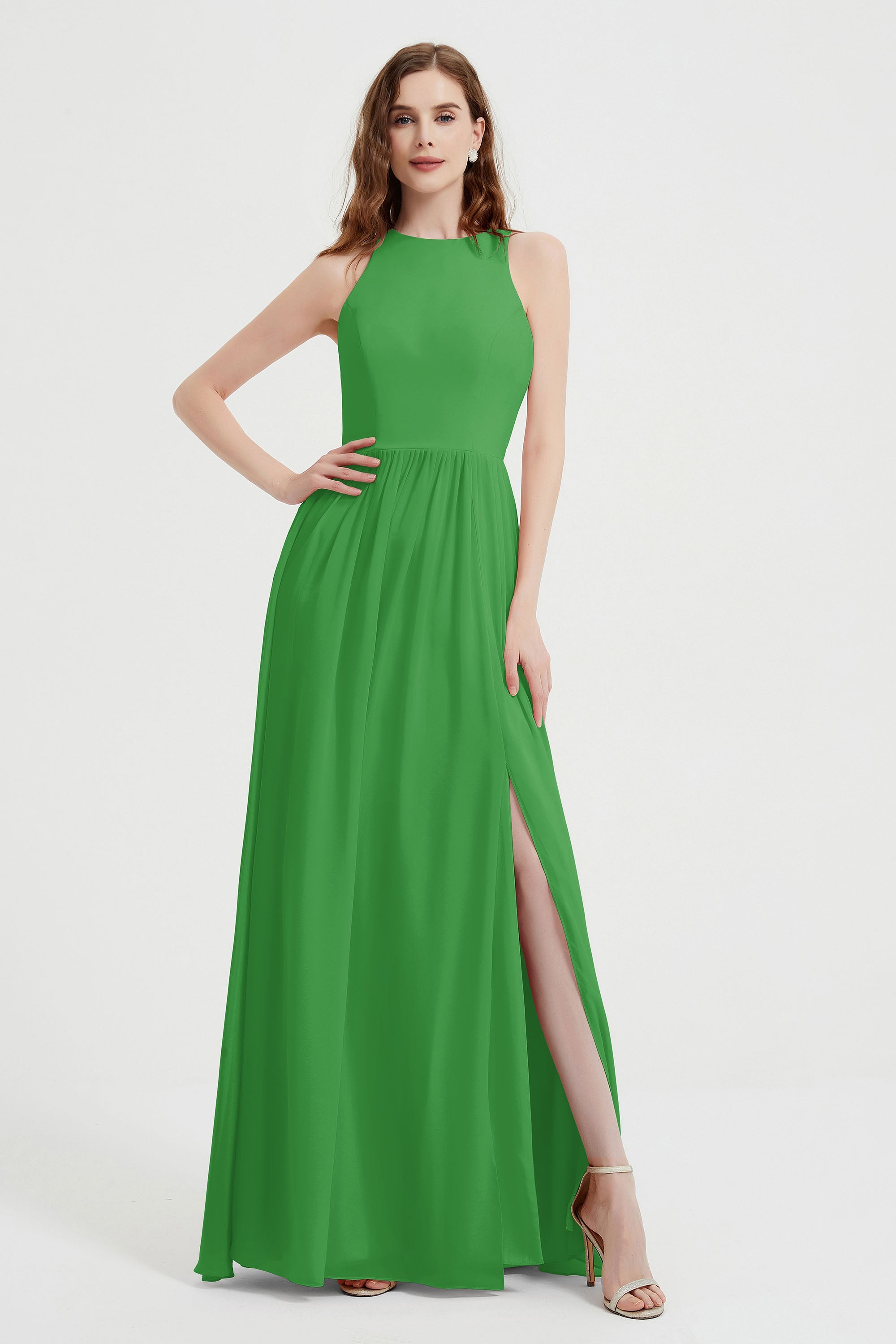 Jewel Chiffon A Line Bridesmaid Dress Floor Length Formal Evening Dresses Ruched Split Up