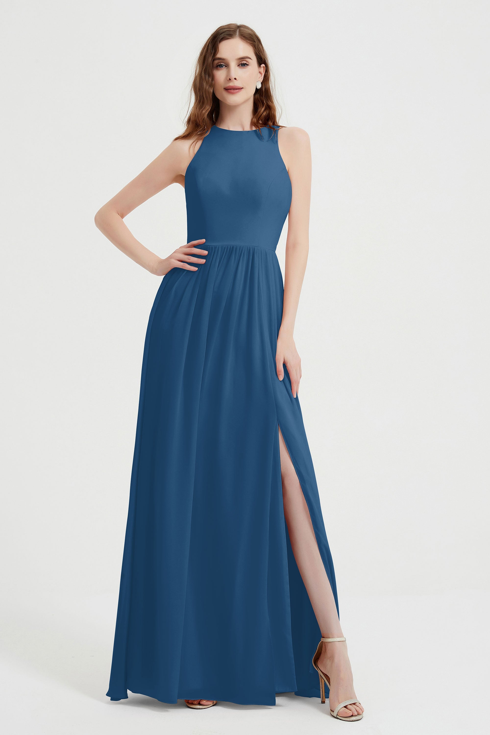 Jewel Chiffon A Line Bridesmaid Dress Floor Length Formal Evening Dresses Ruched Split Up