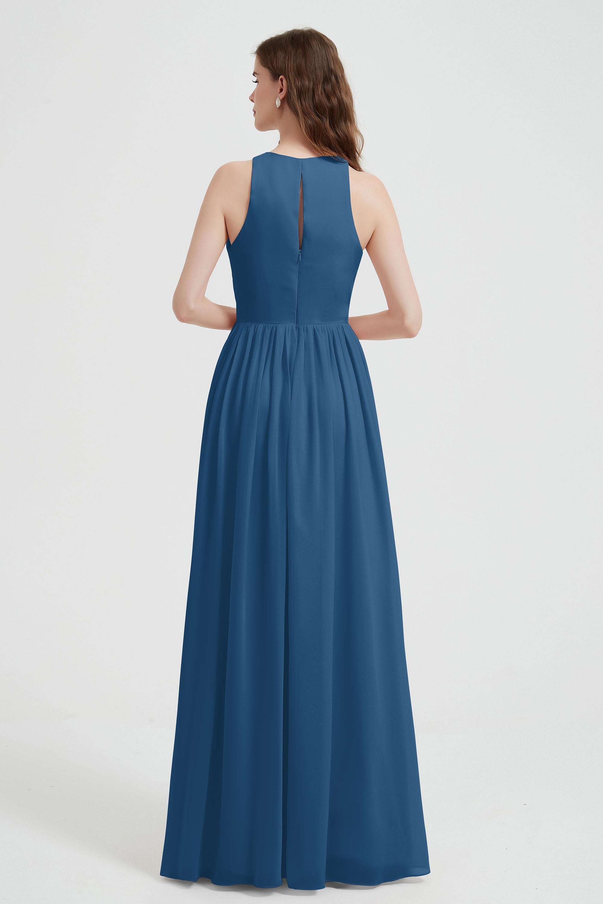 Jewel Chiffon A Line Bridesmaid Dress Floor Length Formal Evening Dresses Ruched Split Up