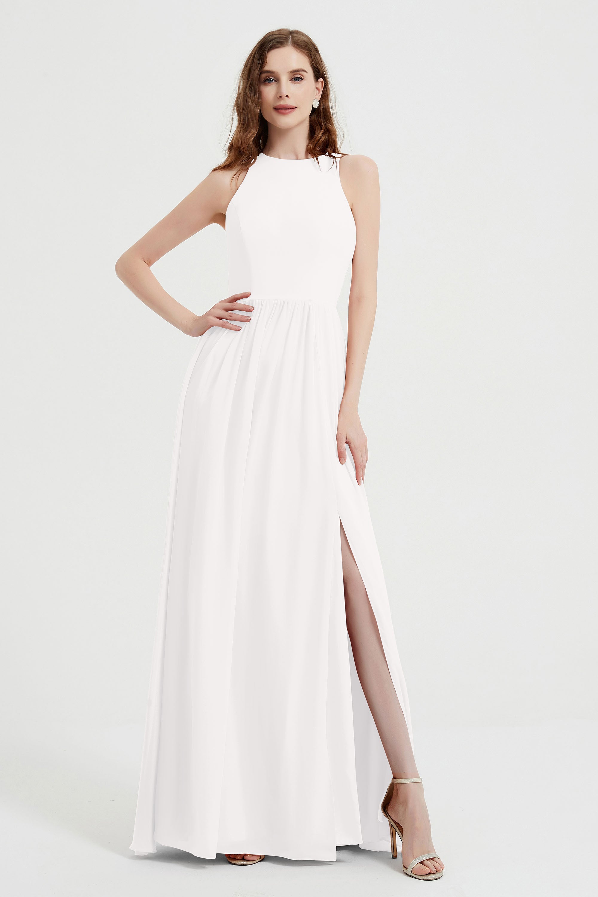 Jewel Chiffon A Line Bridesmaid Dress Floor Length Formal Evening Dresses Ruched Split Up