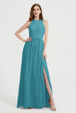 Jewel Chiffon A Line Bridesmaid Dress Floor Length Formal Evening Dresses Ruched Split Up
