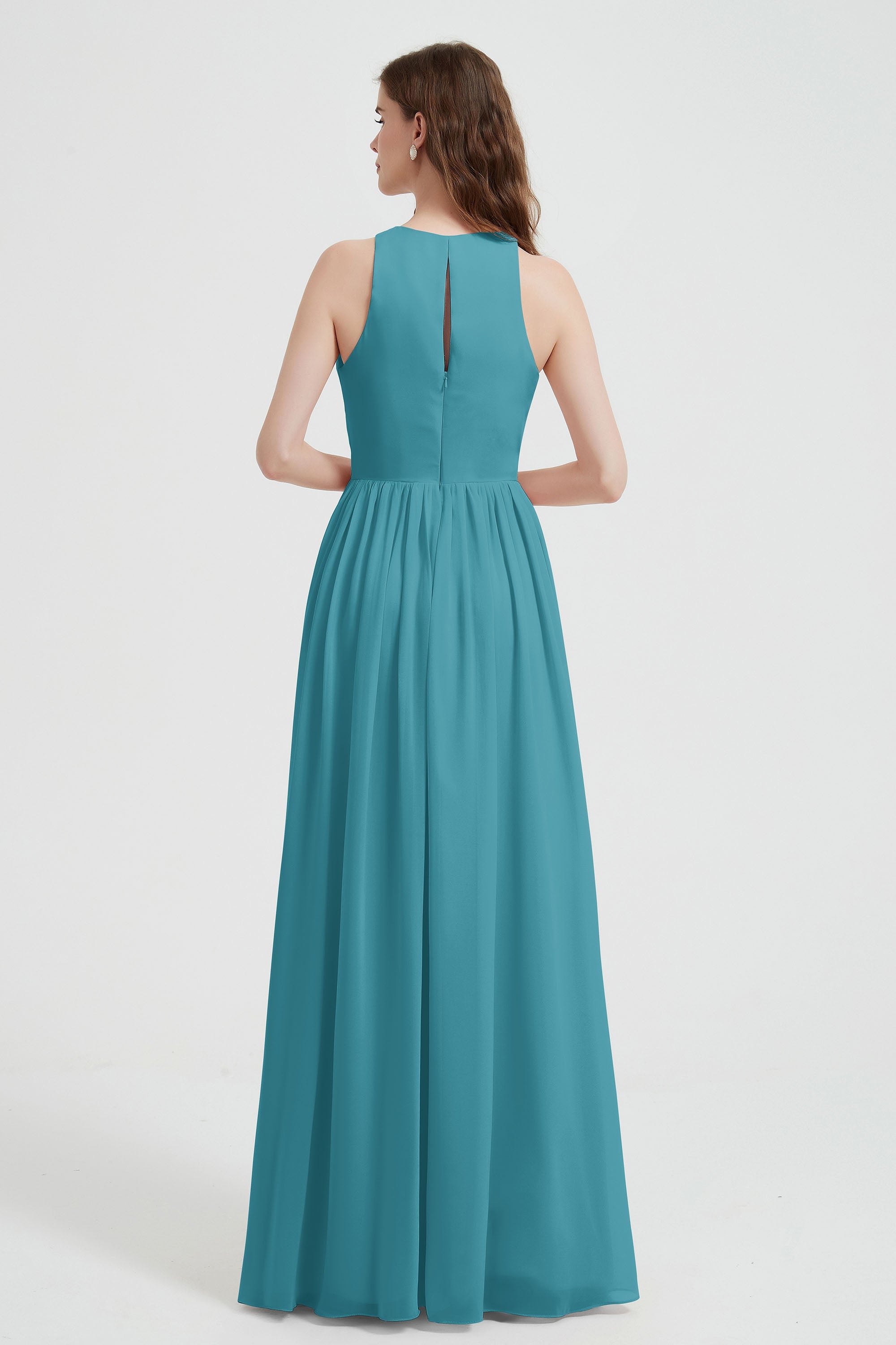 Jewel Chiffon A Line Bridesmaid Dress Floor Length Formal Evening Dresses Ruched Split Up