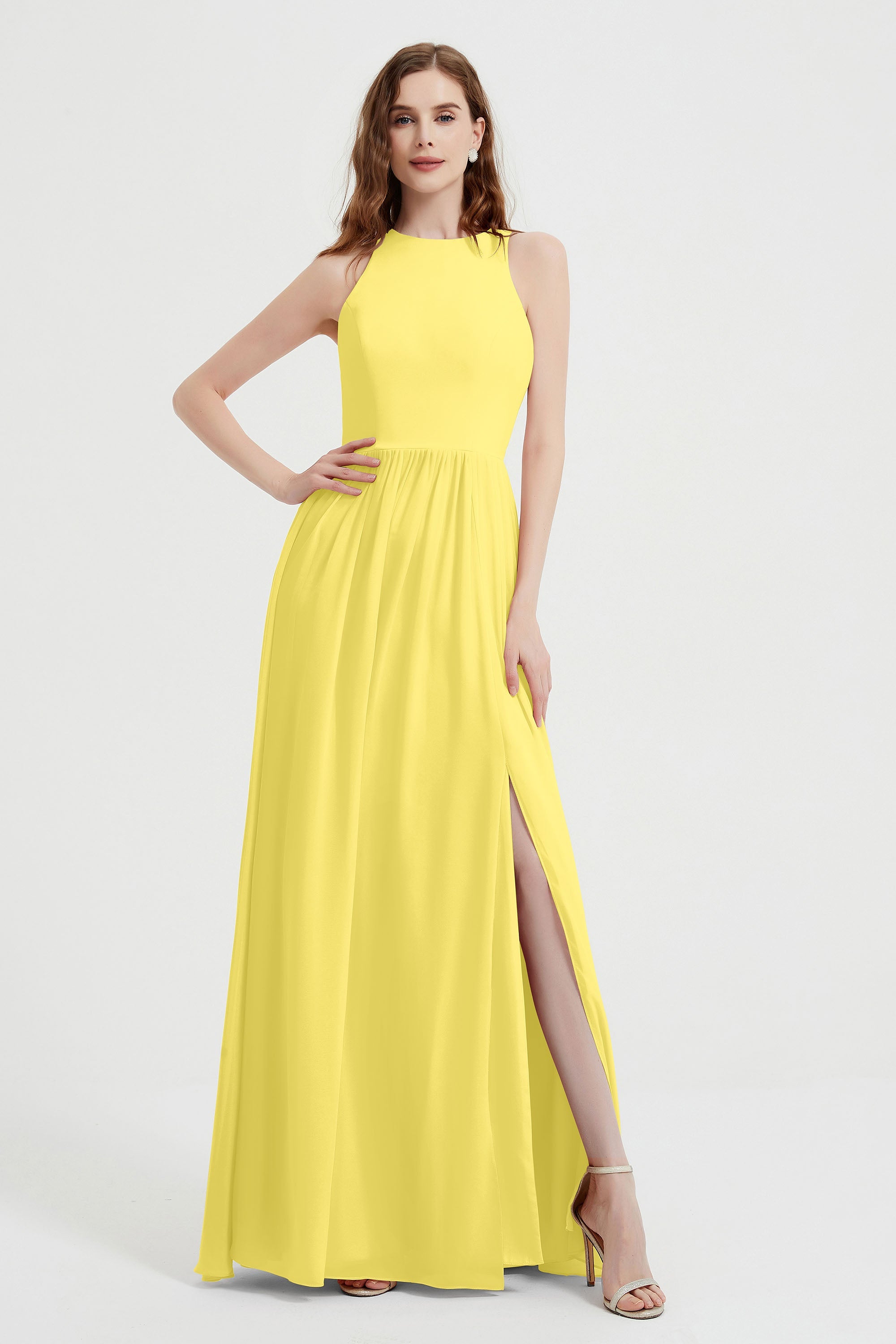 Jewel Chiffon A Line Bridesmaid Dress Floor Length Formal Evening Dresses Ruched Split Up