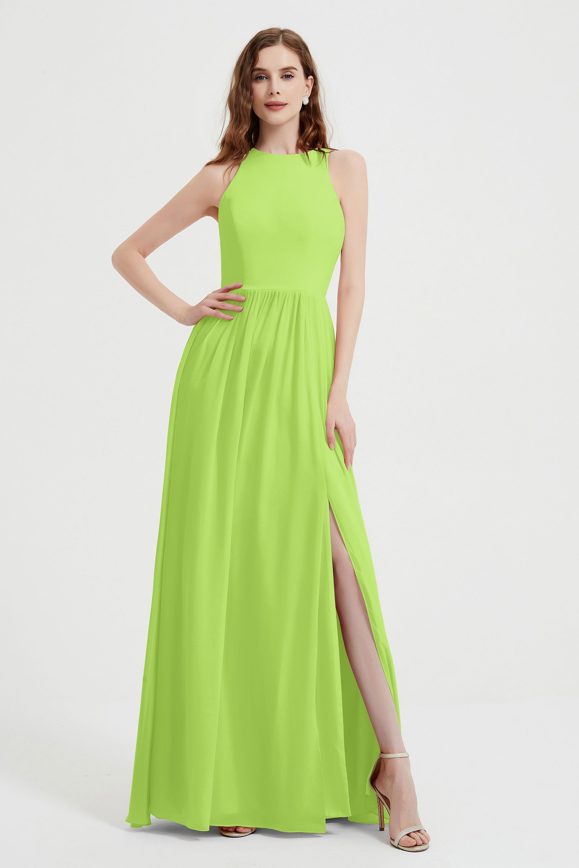 Jewel Chiffon A Line Bridesmaid Dress Floor Length Formal Evening Dresses Ruched Split Up