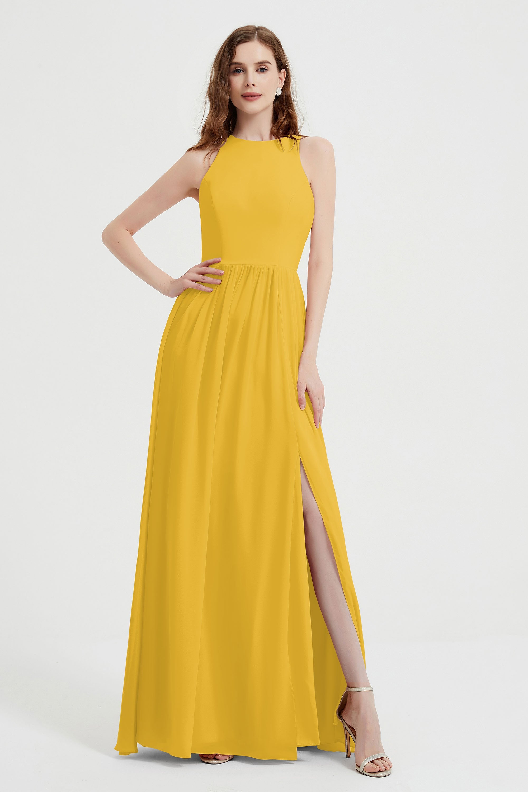 Jewel Chiffon A Line Bridesmaid Dress Floor Length Formal Evening Dresses Ruched Split Up