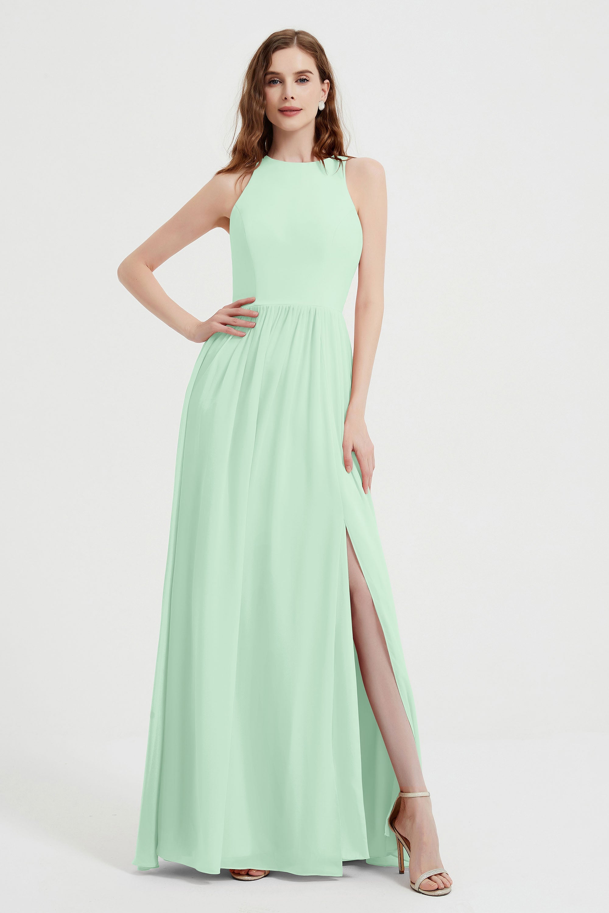 Jewel Chiffon A Line Bridesmaid Dress Floor Length Formal Evening Dresses Ruched Split Up