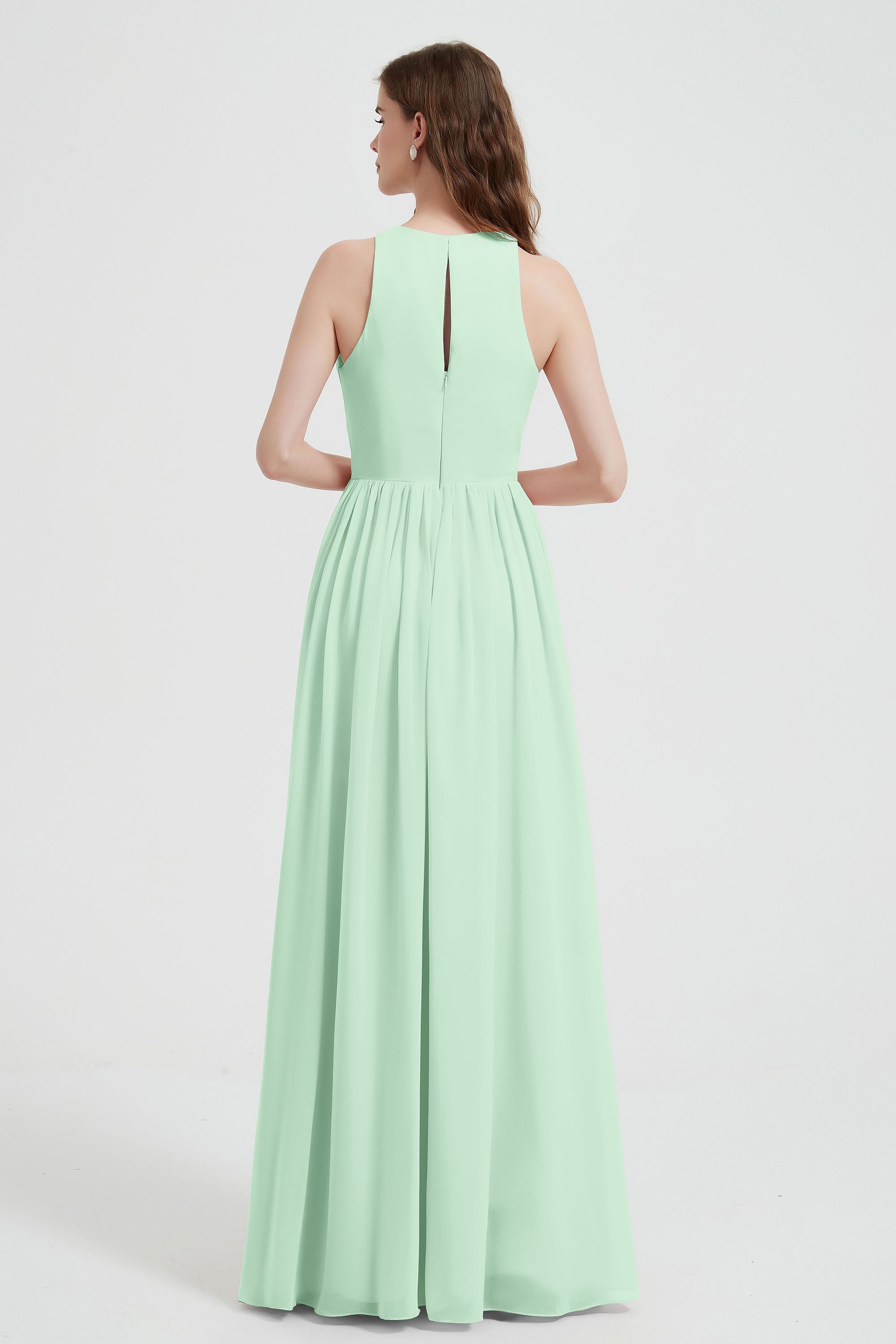 Jewel Chiffon A Line Bridesmaid Dress Floor Length Formal Evening Dresses Ruched Split Up