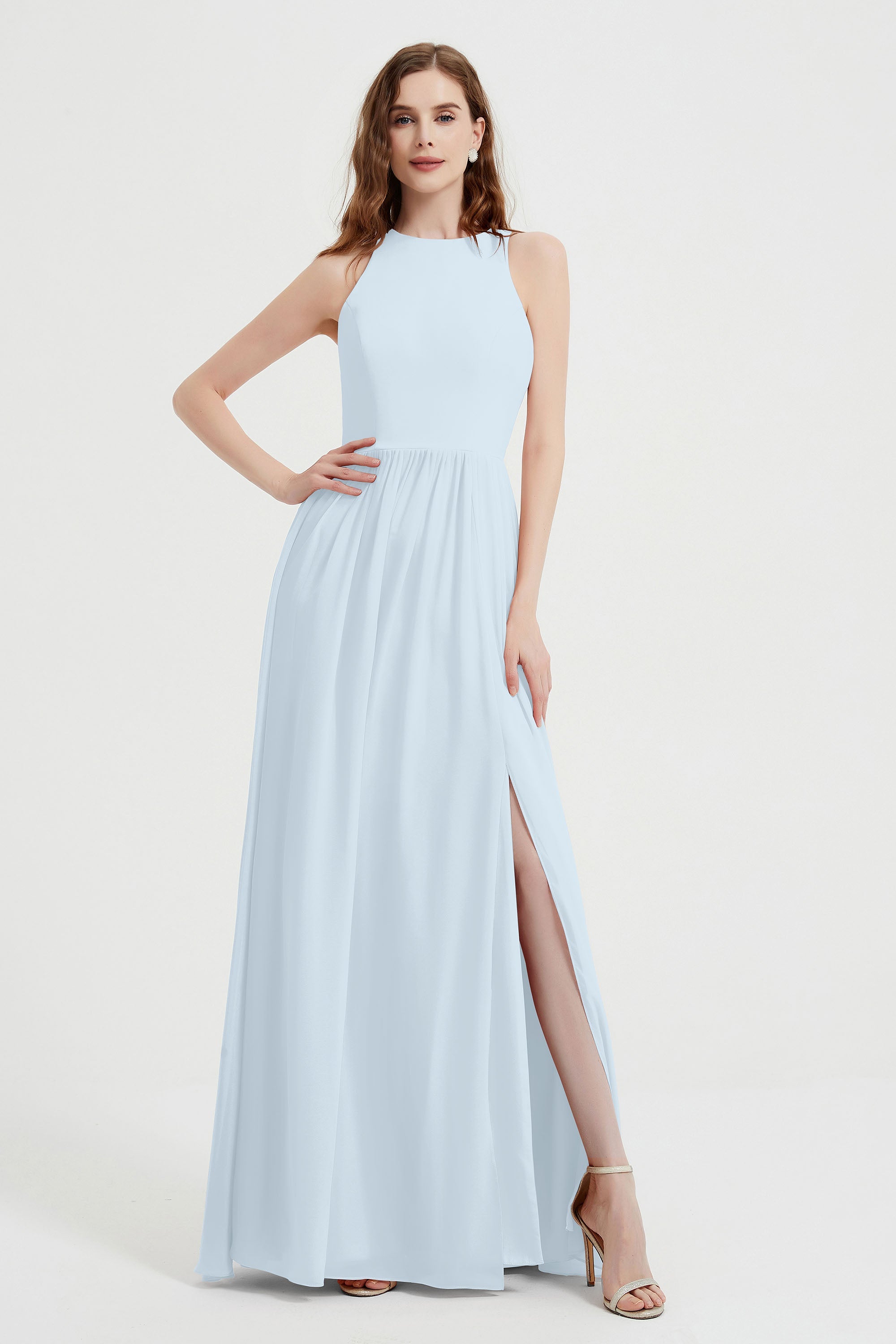 Jewel Chiffon A Line Bridesmaid Dress Floor Length Formal Evening Dresses Ruched Split Up