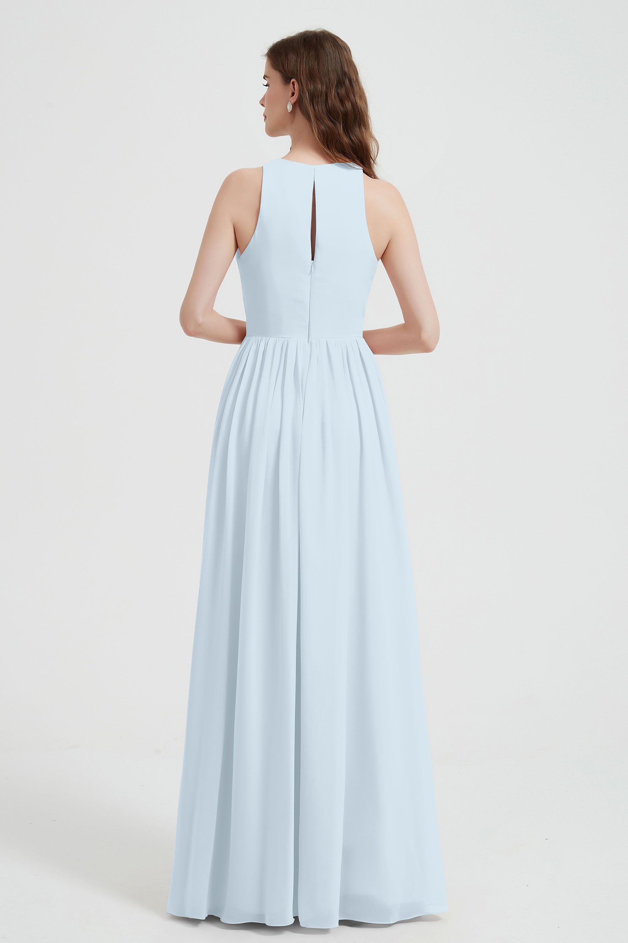 Jewel Chiffon A Line Bridesmaid Dress Floor Length Formal Evening Dresses Ruched Split Up