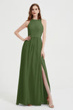 Jewel Chiffon A Line Bridesmaid Dress Floor Length Formal Evening Dresses Ruched Split Up