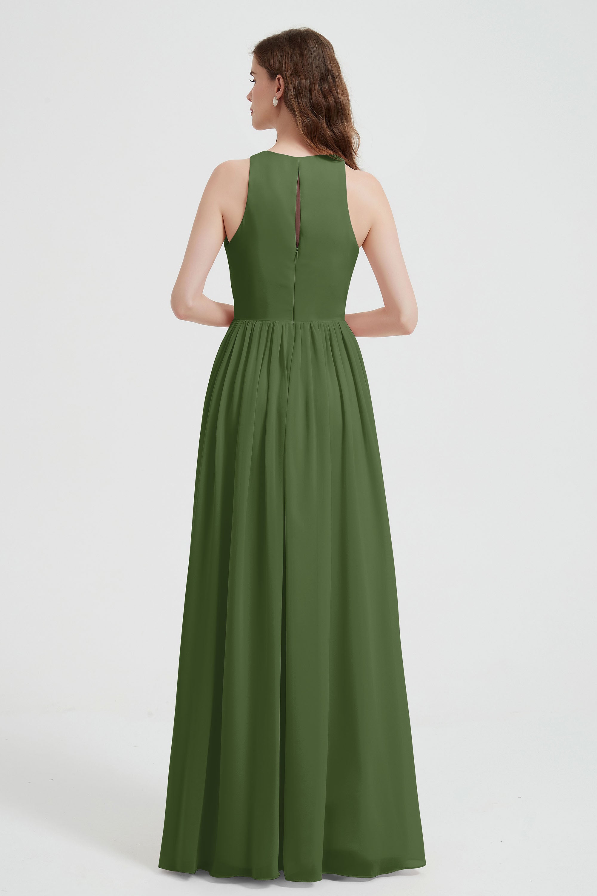 Jewel Chiffon A Line Bridesmaid Dress Floor Length Formal Evening Dresses Ruched Split Up