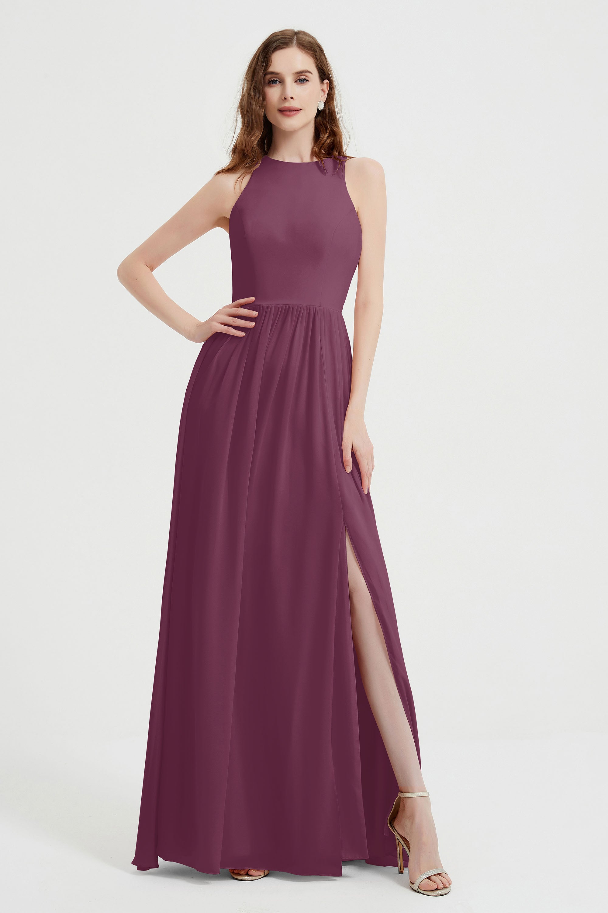 Jewel Chiffon A Line Bridesmaid Dress Floor Length Formal Evening Dresses Ruched Split Up