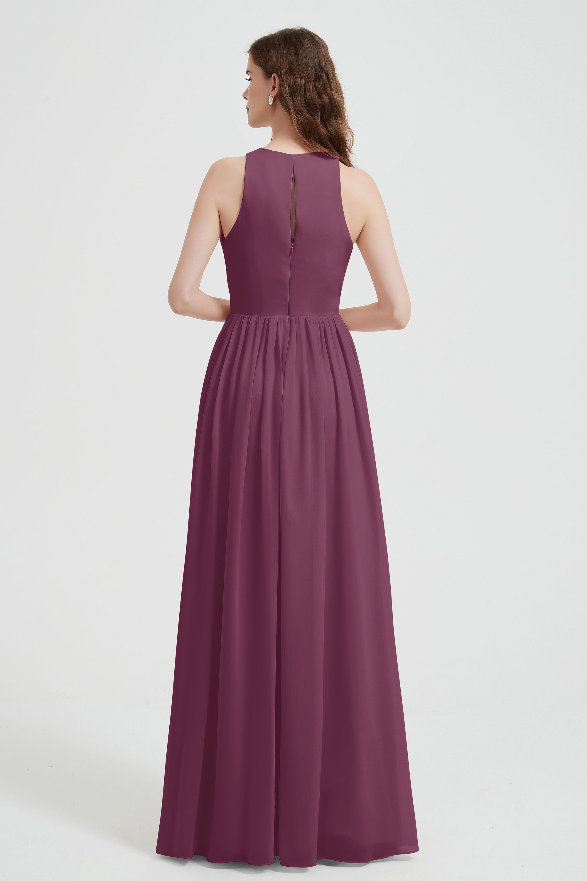 Jewel Chiffon A Line Bridesmaid Dress Floor Length Formal Evening Dresses Ruched Split Up