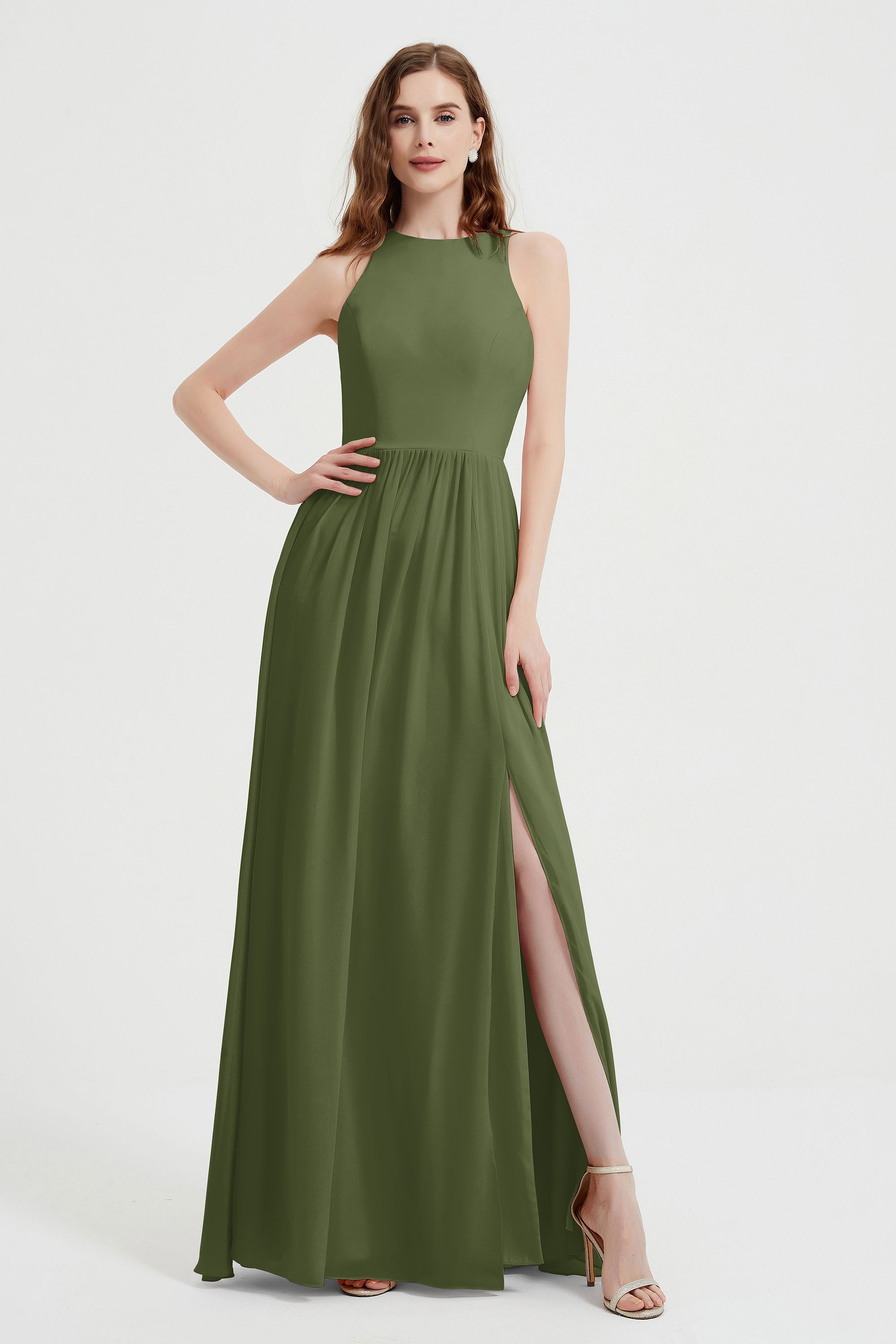 Jewel Chiffon A Line Bridesmaid Dress Floor Length Formal Evening Dresses Ruched Split Up