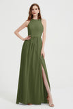 Jewel Chiffon A Line Bridesmaid Dress Floor Length Formal Evening Dresses Ruched Split Up