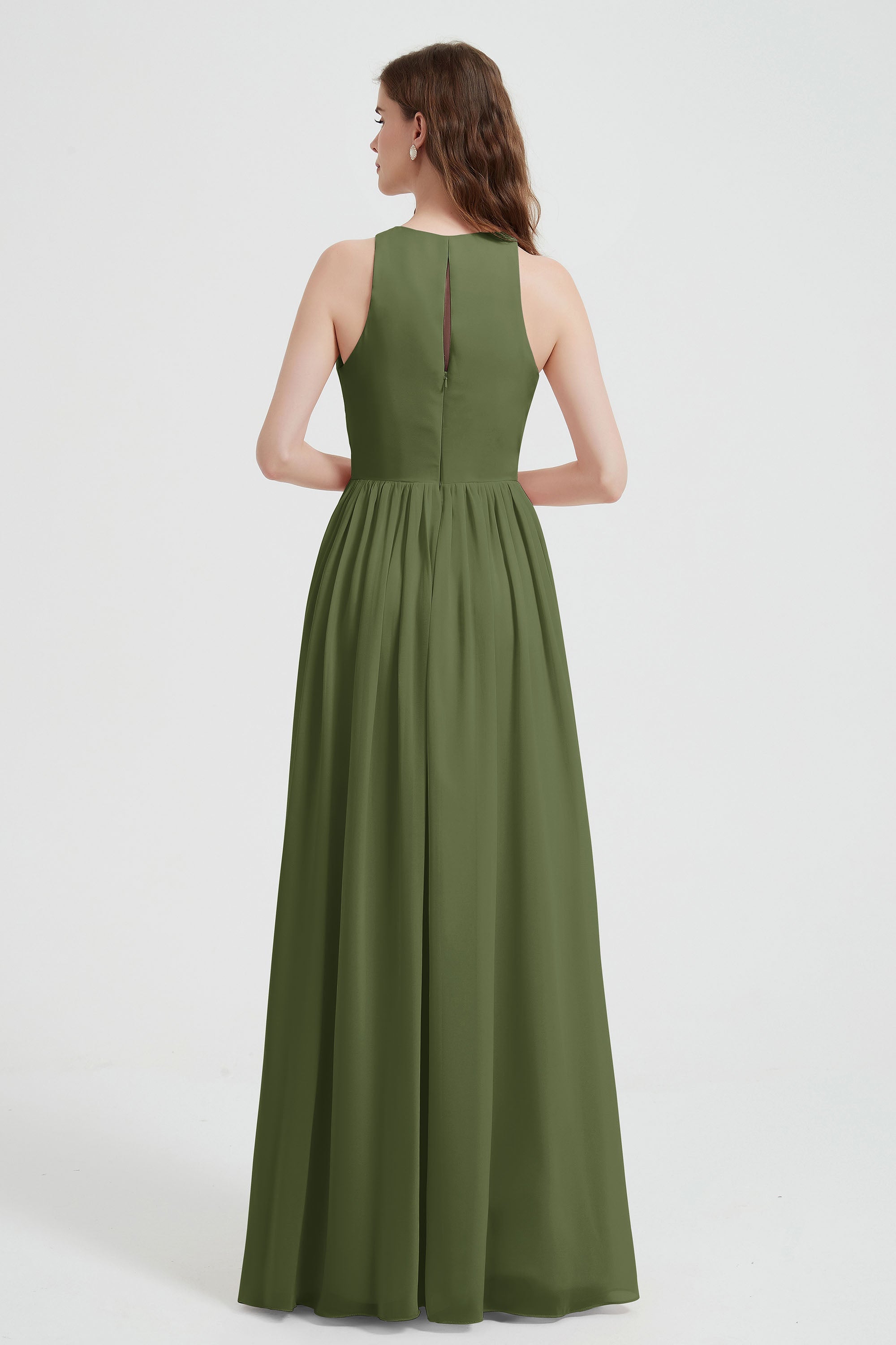 Jewel Chiffon A Line Bridesmaid Dress Floor Length Formal Evening Dresses Ruched Split Up