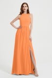 Jewel Chiffon A Line Bridesmaid Dress Floor Length Formal Evening Dresses Ruched Split Up