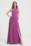 Jewel Chiffon A Line Bridesmaid Dress Floor Length Formal Evening Dresses Ruched Split Up