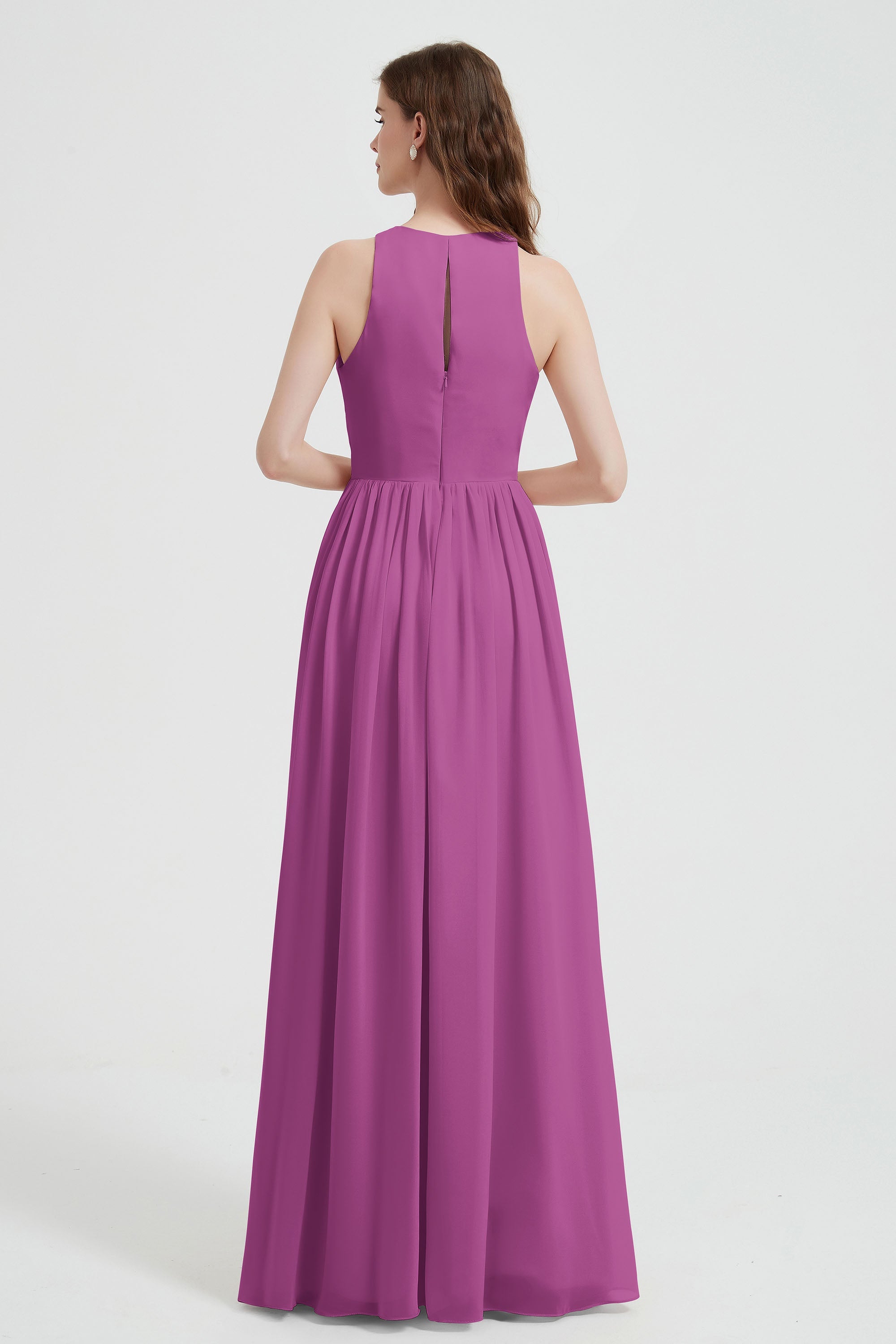 Jewel Chiffon A Line Bridesmaid Dress Floor Length Formal Evening Dresses Ruched Split Up