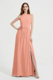 Jewel Chiffon A Line Bridesmaid Dress Floor Length Formal Evening Dresses Ruched Split Up