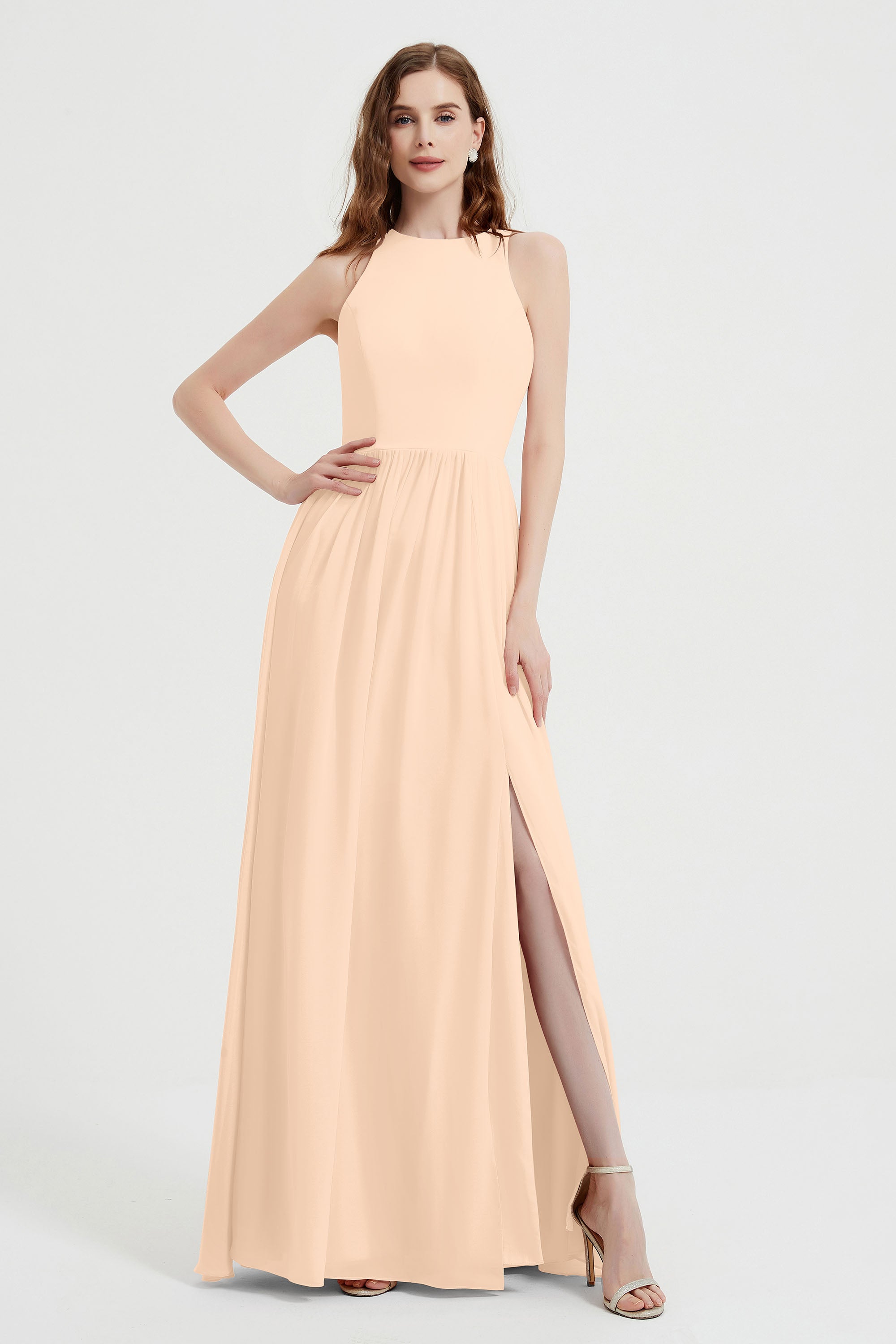 Jewel Chiffon A Line Bridesmaid Dress Floor Length Formal Evening Dresses Ruched Split Up