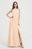 Jewel Chiffon A Line Bridesmaid Dress Floor Length Formal Evening Dresses Ruched Split Up