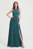 Jewel Chiffon A Line Bridesmaid Dress Floor Length Formal Evening Dresses Ruched Split Up