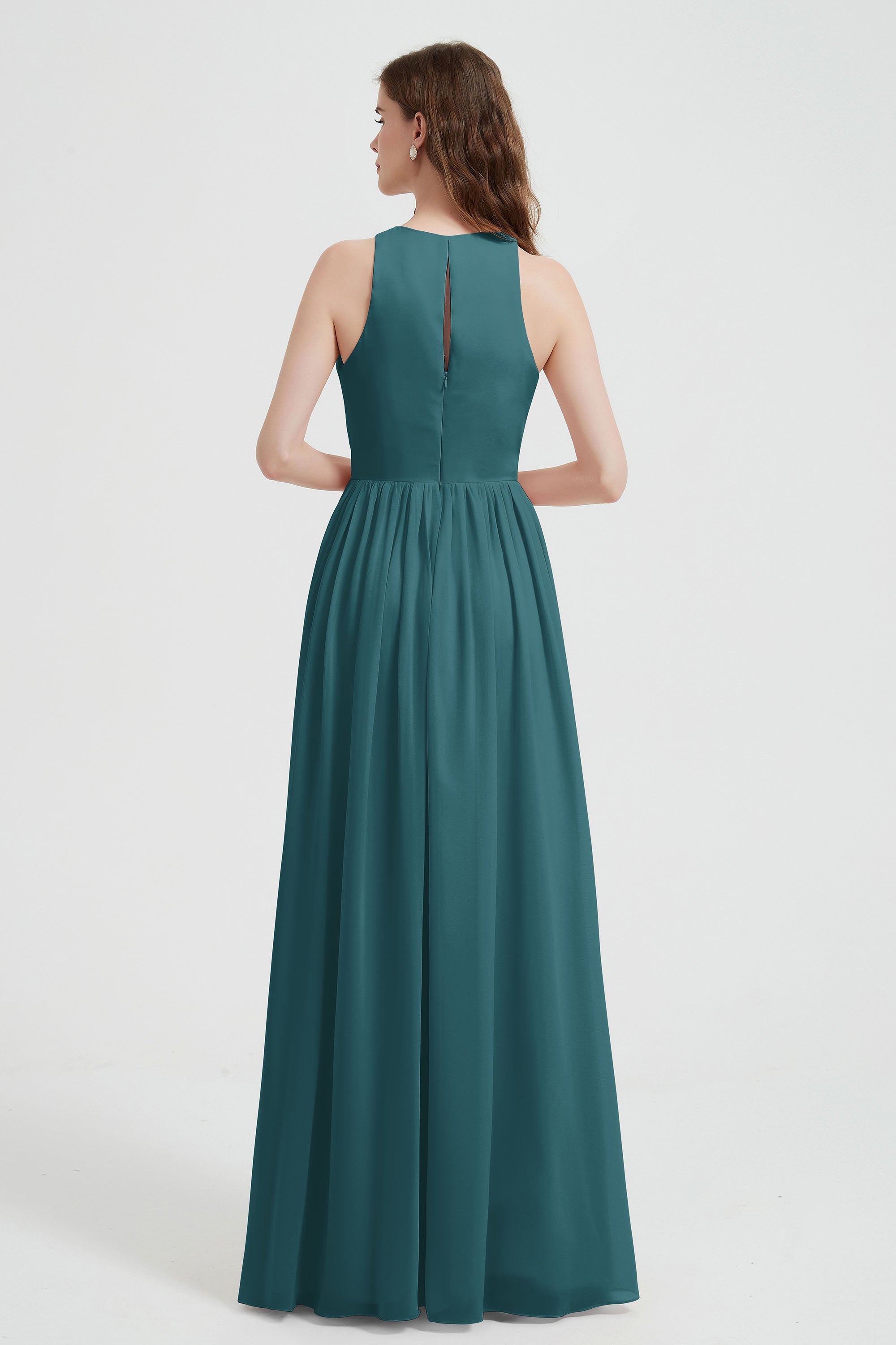 Jewel Chiffon A Line Bridesmaid Dress Floor Length Formal Evening Dresses Ruched Split Up
