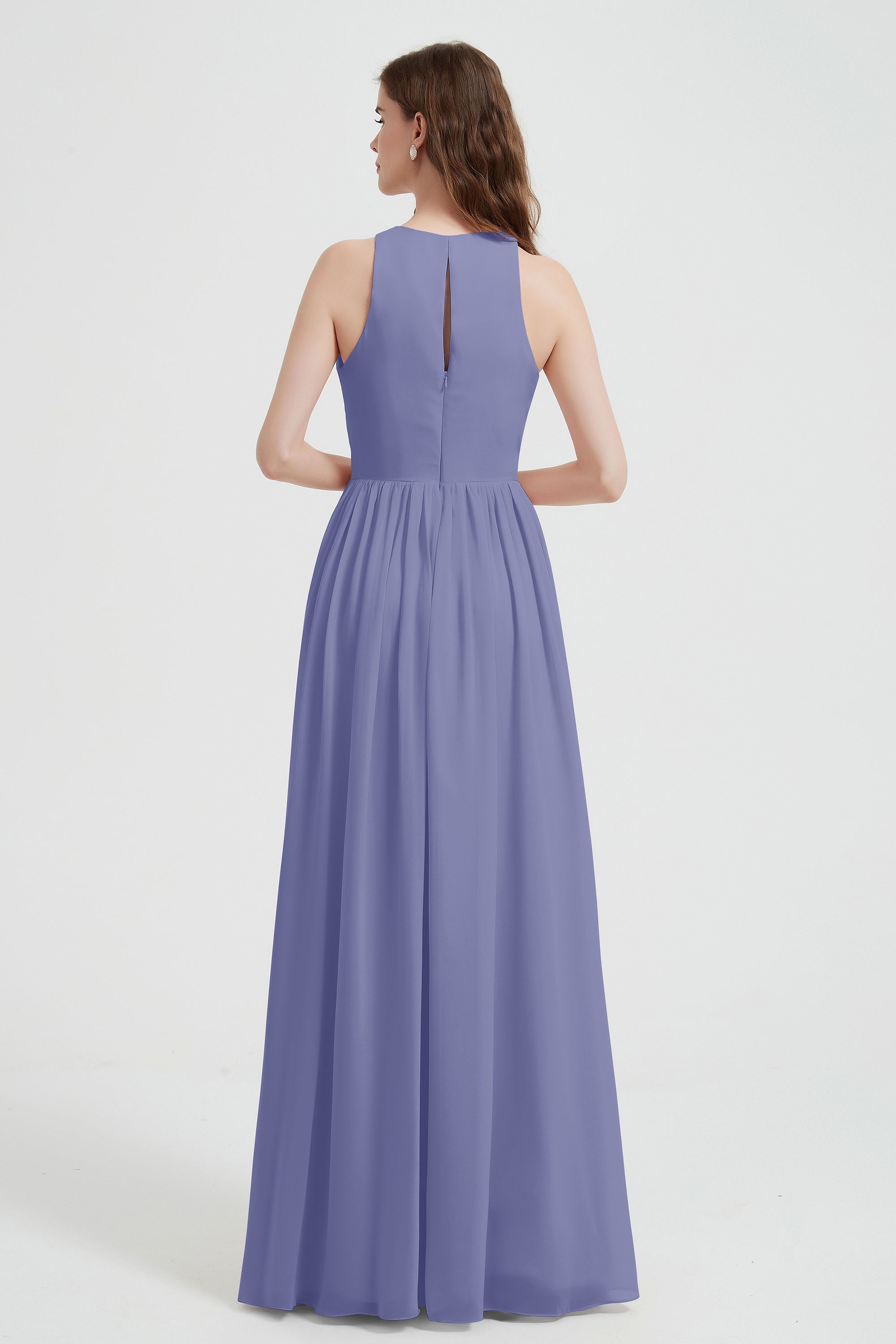 Jewel Chiffon A Line Bridesmaid Dress Floor Length Formal Evening Dresses Ruched Split Up