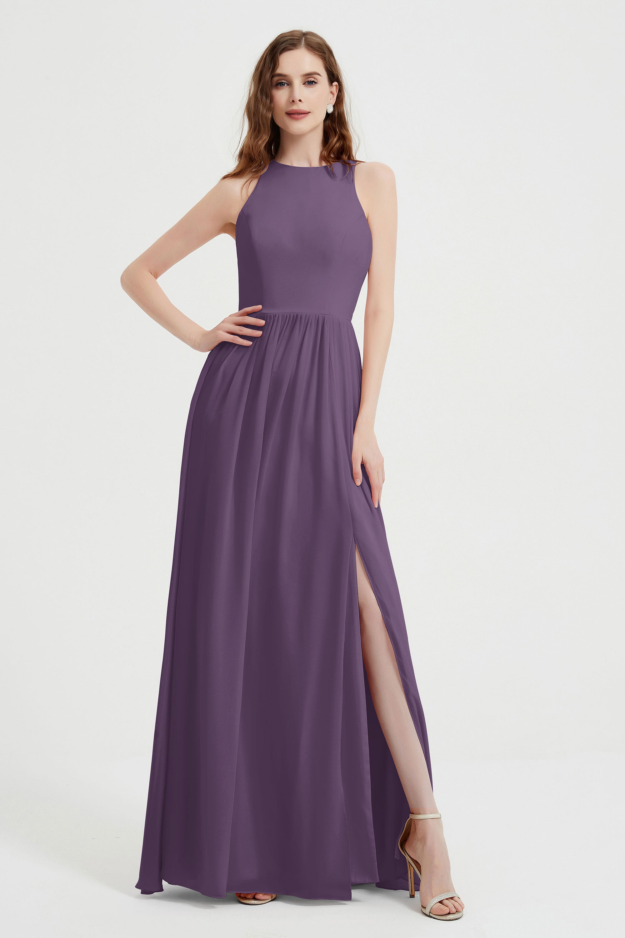 Jewel Chiffon A Line Bridesmaid Dress Floor Length Formal Evening Dresses Ruched Split Up