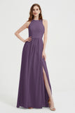 Jewel Chiffon A Line Bridesmaid Dress Floor Length Formal Evening Dresses Ruched Split Up