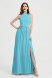 Jewel Chiffon A Line Bridesmaid Dress Floor Length Formal Evening Dresses Ruched Split Up