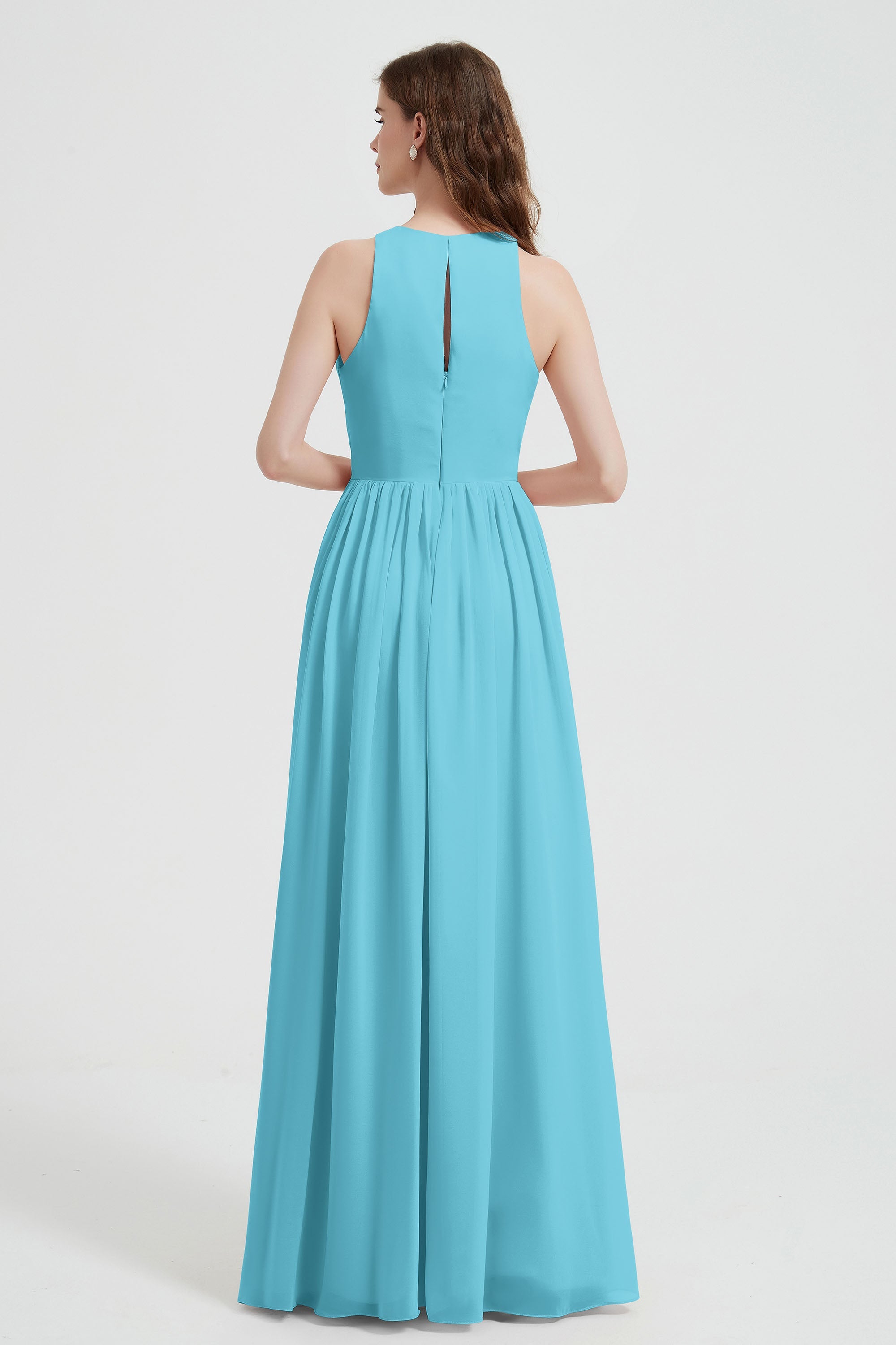Jewel Chiffon A Line Bridesmaid Dress Floor Length Formal Evening Dresses Ruched Split Up