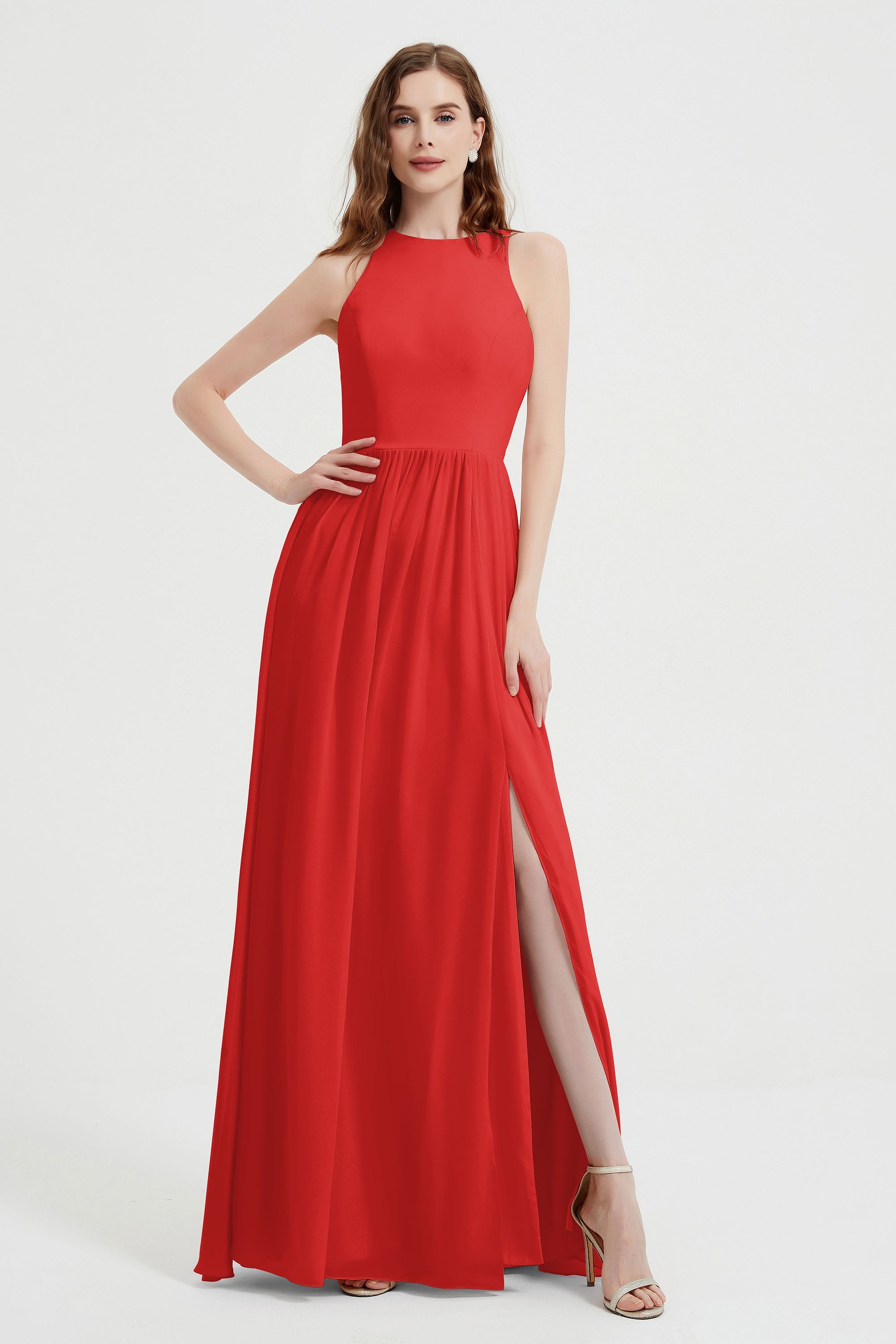 Jewel Chiffon A Line Bridesmaid Dress Floor Length Formal Evening Dresses Ruched Split Up