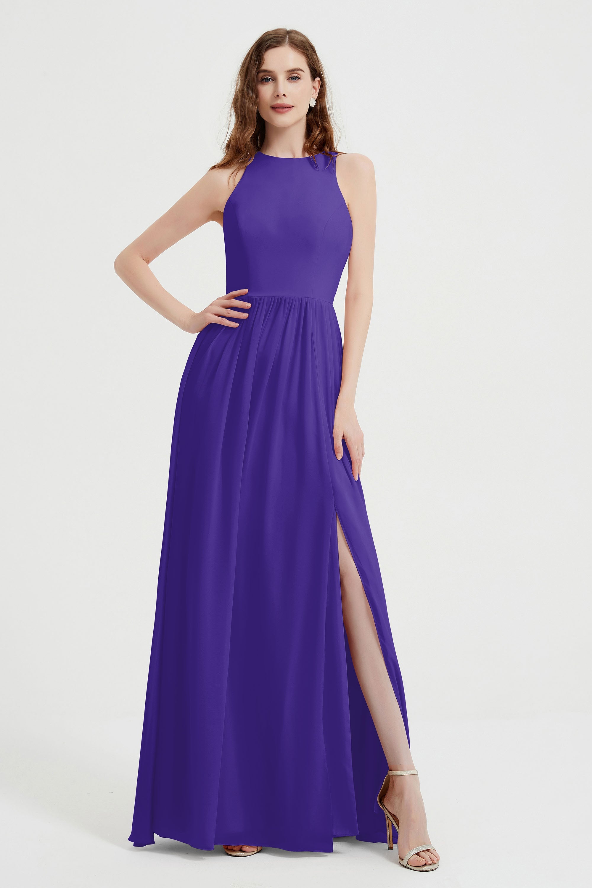 Jewel Chiffon A Line Bridesmaid Dress Floor Length Formal Evening Dresses Ruched Split Up
