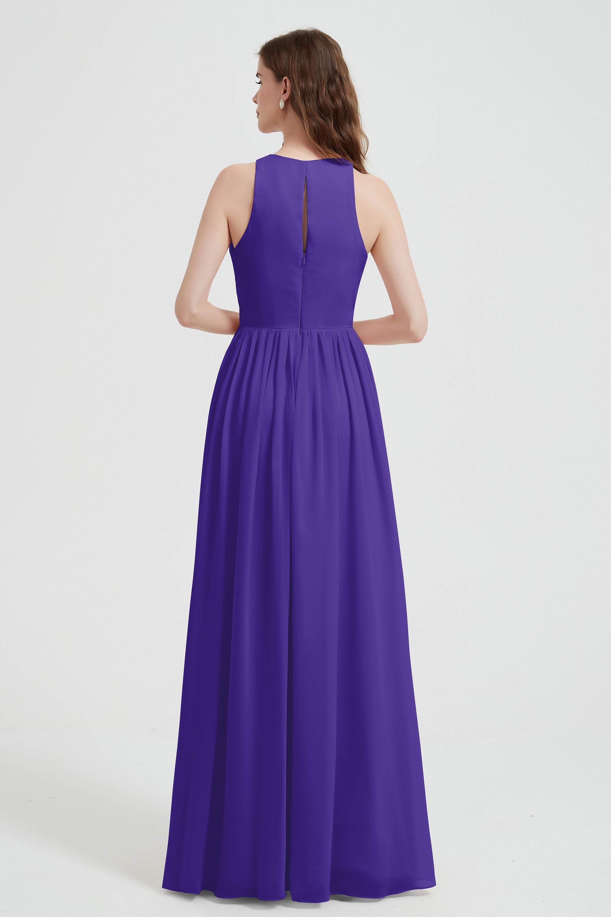 Jewel Chiffon A Line Bridesmaid Dress Floor Length Formal Evening Dresses Ruched Split Up
