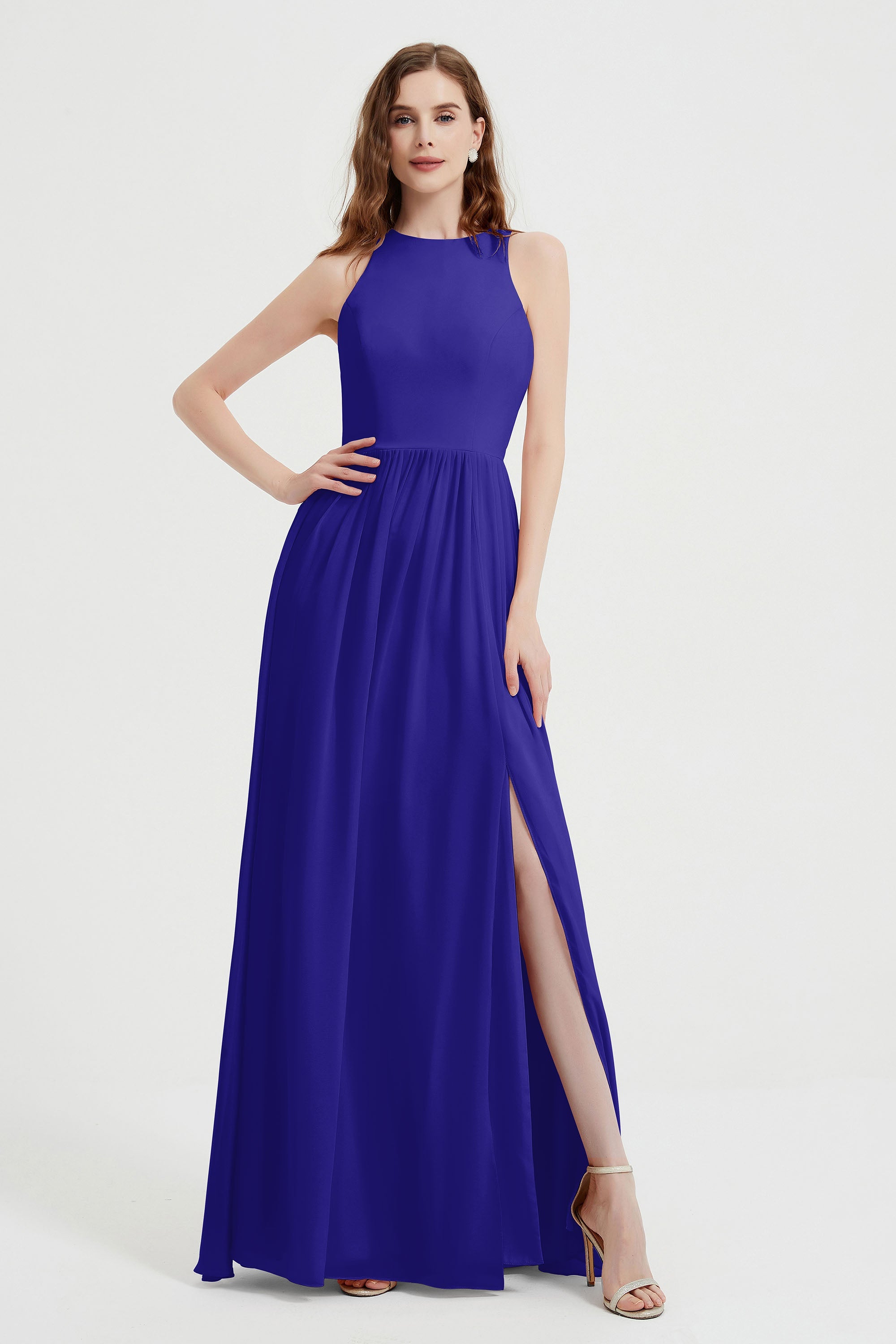 Jewel Chiffon A Line Bridesmaid Dress Floor Length Formal Evening Dresses Ruched Split Up