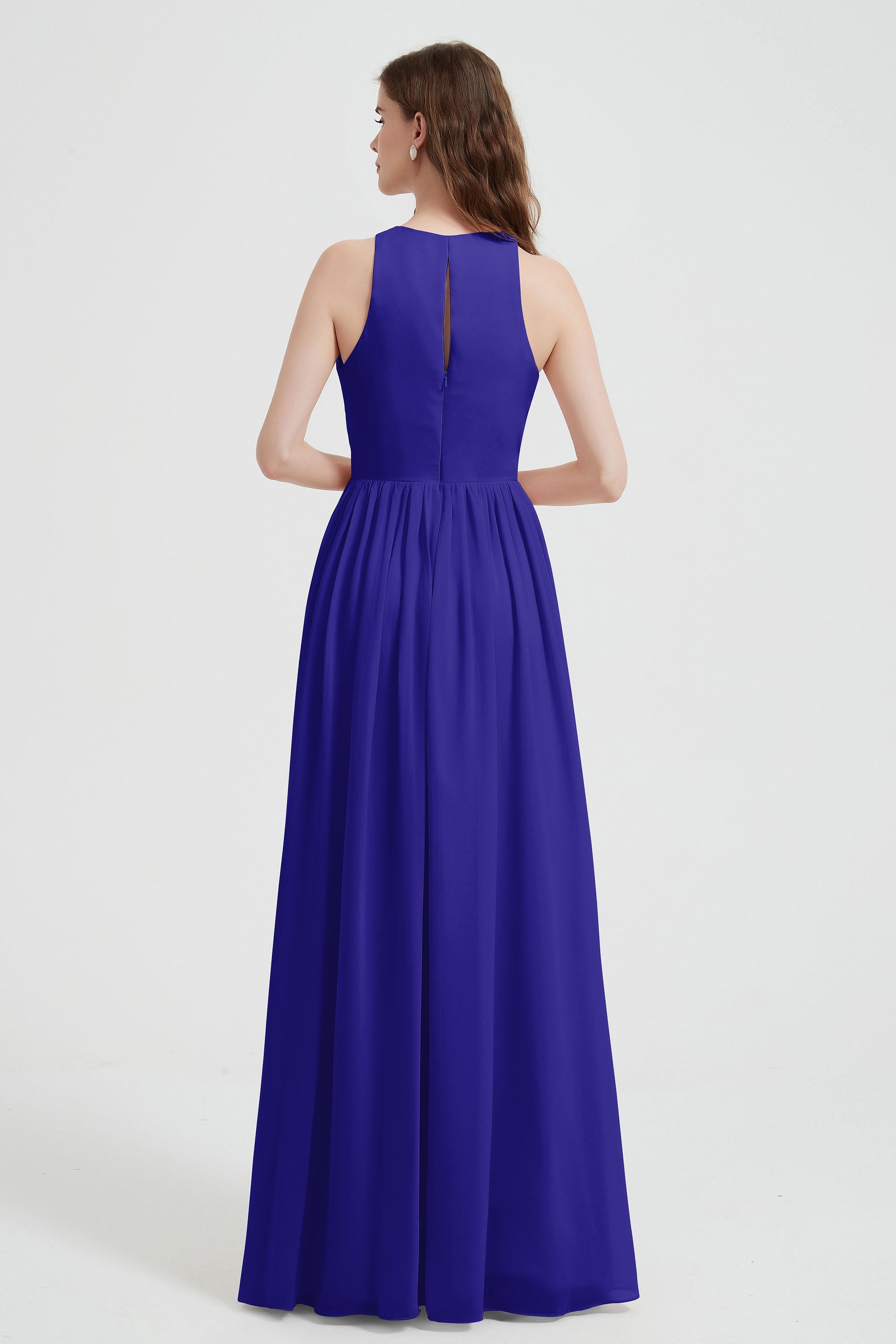 Jewel Chiffon A Line Bridesmaid Dress Floor Length Formal Evening Dresses Ruched Split Up