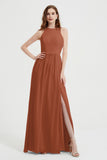 Jewel Chiffon A Line Bridesmaid Dress Floor Length Formal Evening Dresses Ruched Split Up