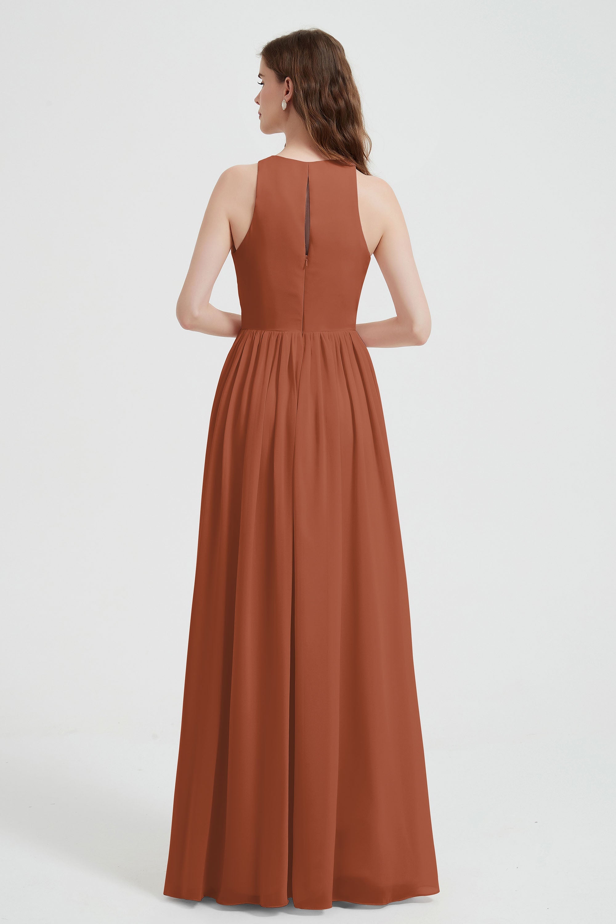 Jewel Chiffon A Line Bridesmaid Dress Floor Length Formal Evening Dresses Ruched Split Up
