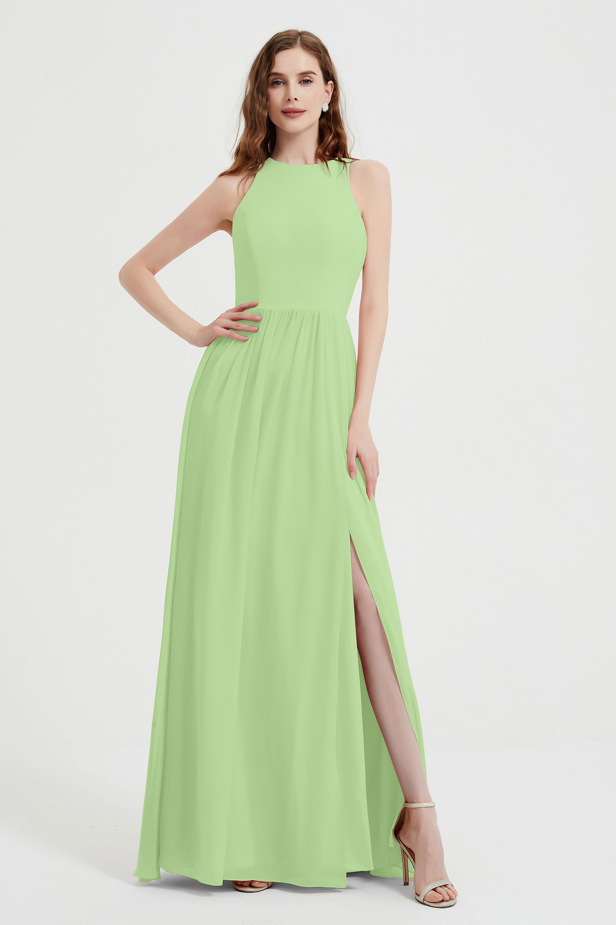 Jewel Chiffon A Line Bridesmaid Dress Floor Length Formal Evening Dresses Ruched Split Up