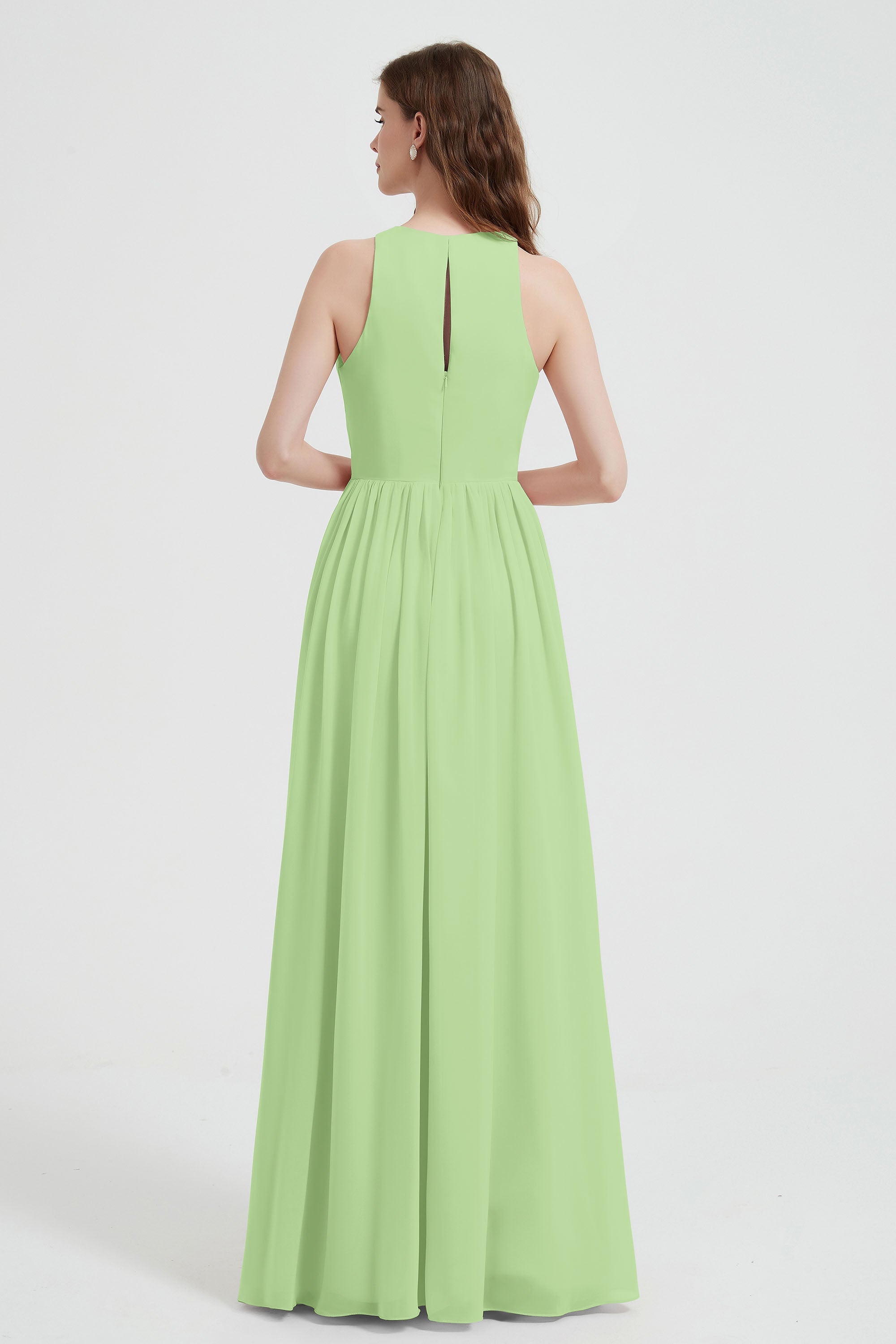 Jewel Chiffon A Line Bridesmaid Dress Floor Length Formal Evening Dresses Ruched Split Up