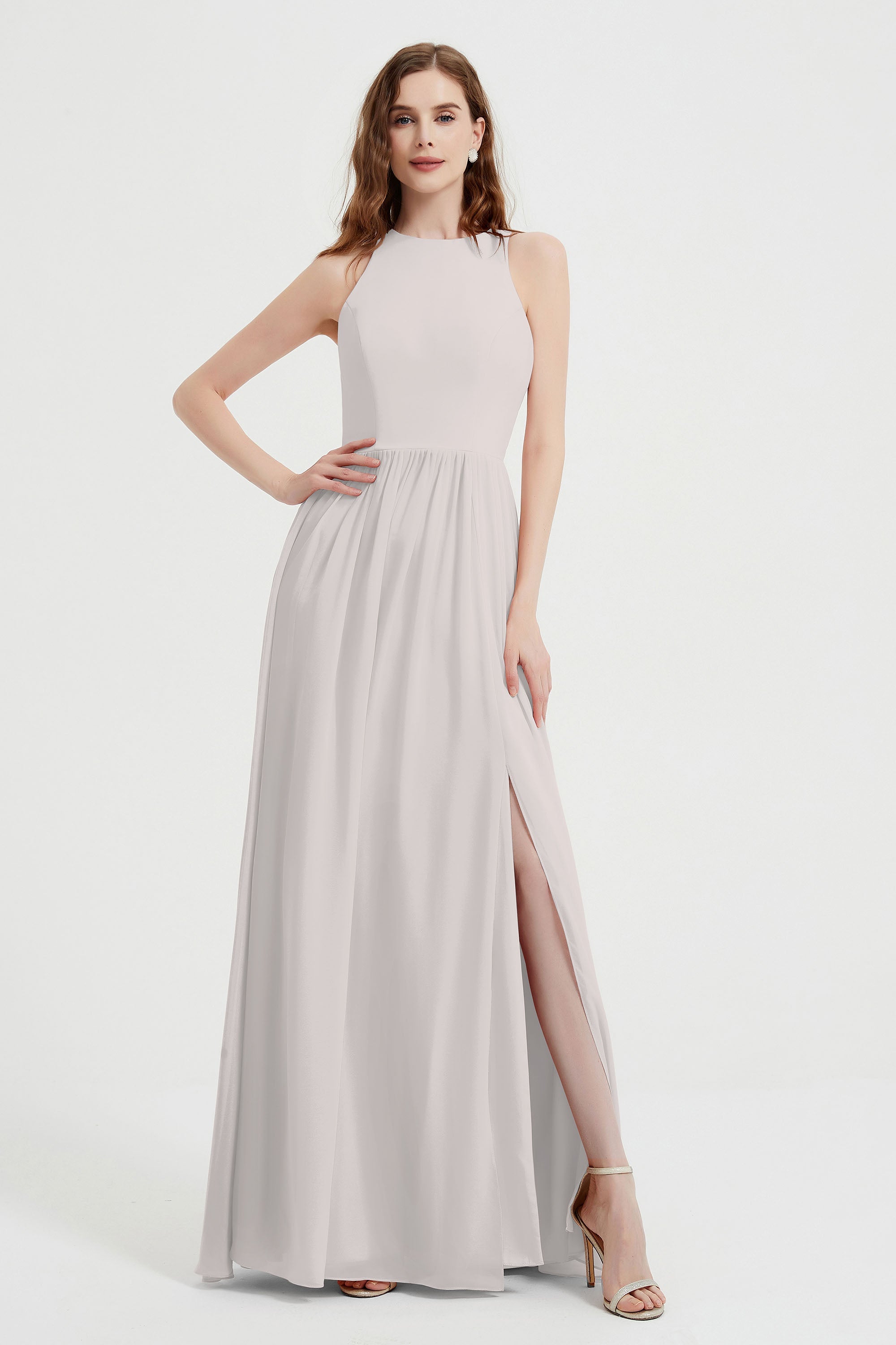 Jewel Chiffon A Line Bridesmaid Dress Floor Length Formal Evening Dresses Ruched Split Up