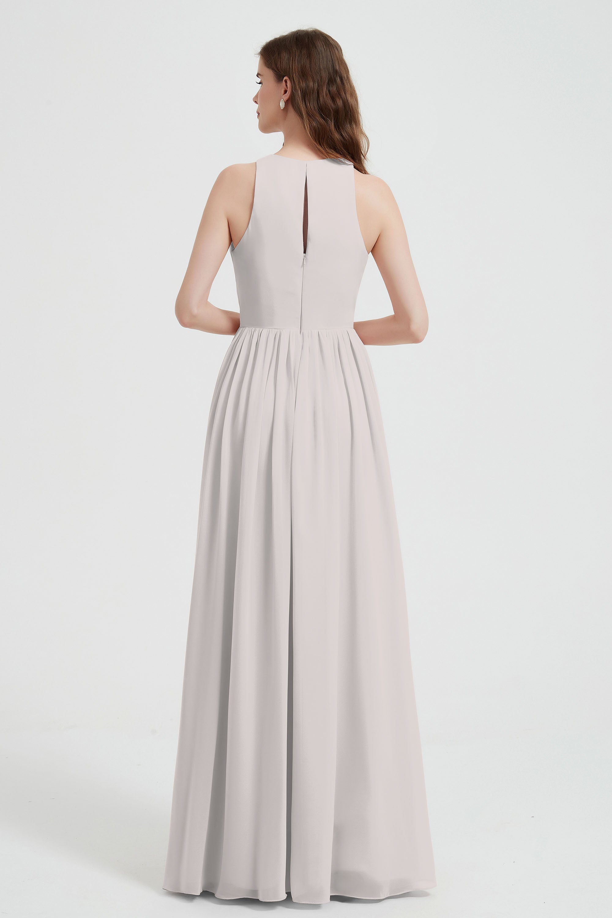Jewel Chiffon A Line Bridesmaid Dress Floor Length Formal Evening Dresses Ruched Split Up