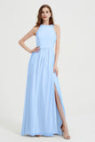 Jewel Chiffon A Line Bridesmaid Dress Floor Length Formal Evening Dresses Ruched Split Up