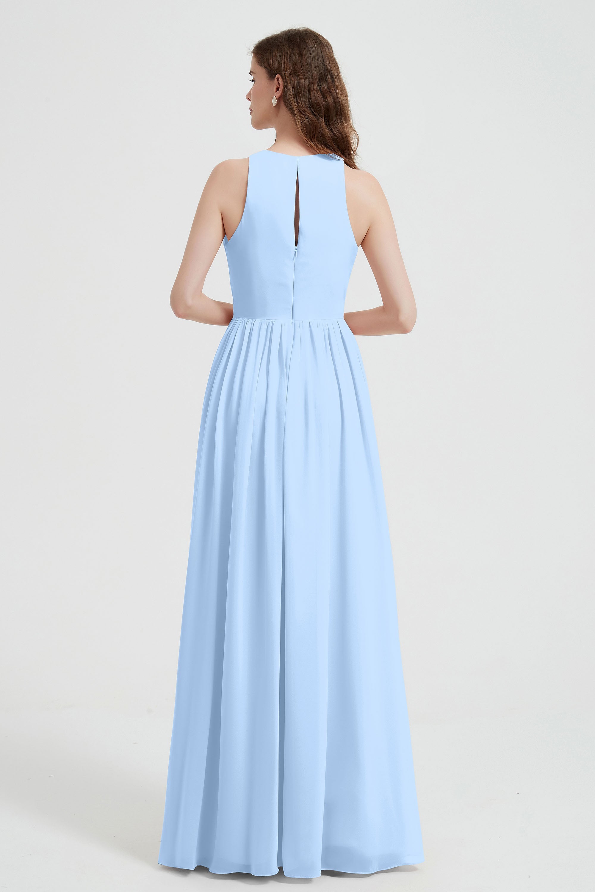 Jewel Chiffon A Line Bridesmaid Dress Floor Length Formal Evening Dresses Ruched Split Up