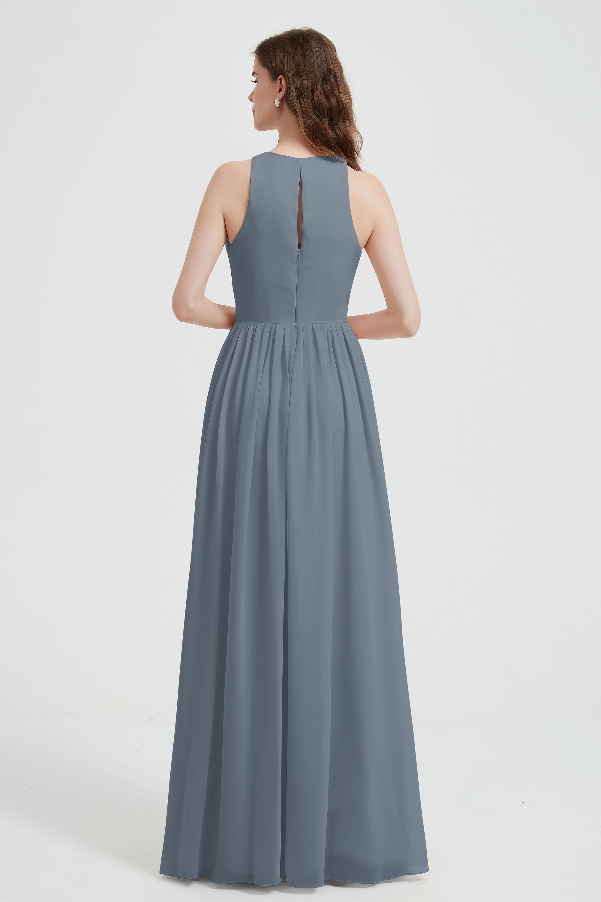 Jewel Chiffon A Line Bridesmaid Dress Floor Length Formal Evening Dresses Ruched Split Up