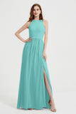 Jewel Chiffon A Line Bridesmaid Dress Floor Length Formal Evening Dresses Ruched Split Up