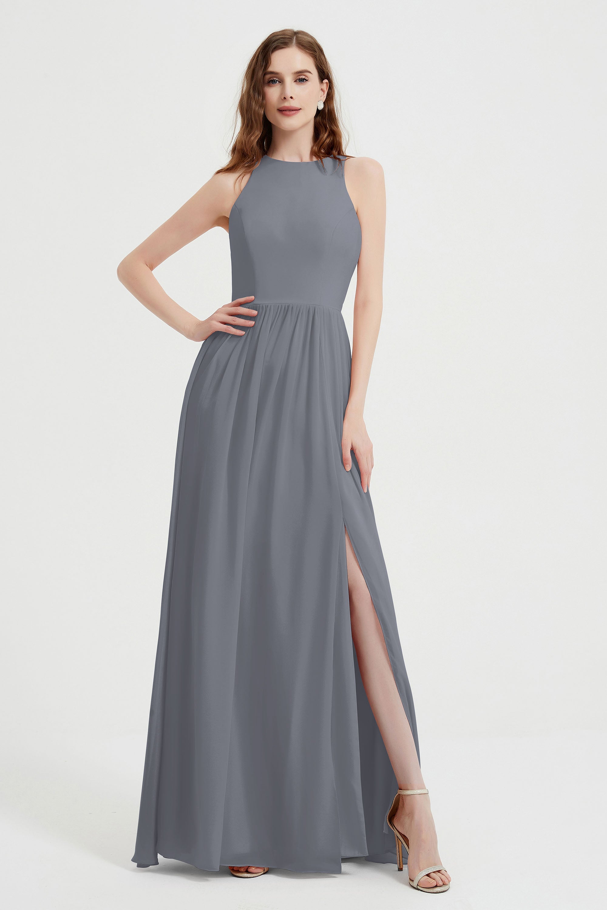 Jewel Chiffon A Line Bridesmaid Dress Floor Length Formal Evening Dresses Ruched Split Up