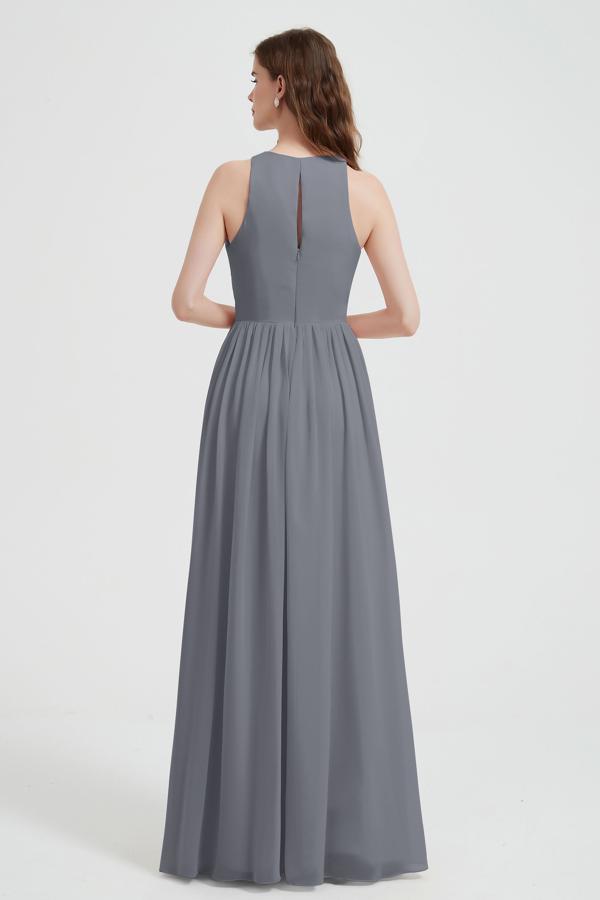 Jewel Chiffon A Line Bridesmaid Dress Floor Length Formal Evening Dresses Ruched Split Up